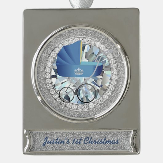 ブルーヴィンテージベビーキャリッジジュエルフェイクグリッター シルバープレートバナーオーナメント (正面)