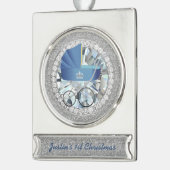 ブルーヴィンテージベビーキャリッジジュエルフェイクグリッター シルバープレートバナーオーナメント (左)