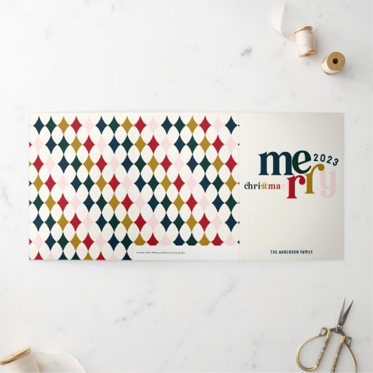 ブルーヴィンテージメリークリスマスマルチフォト 三つ折りクリスマスカード (外部)