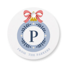 ブルーヴィンテージモノグラムクリスマスオーナメントメッセージカード