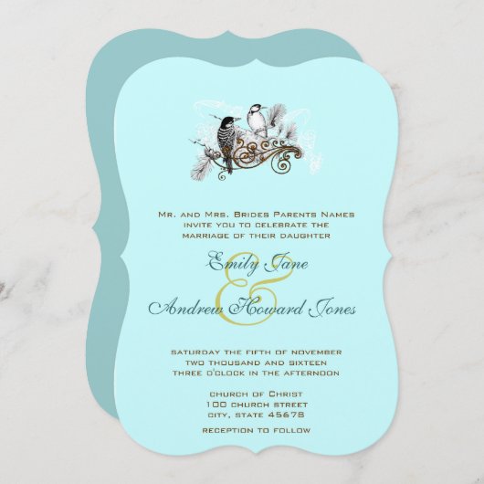 ブルーヴィンテージラブバード結婚式招待状 招待状 (正面/裏面)