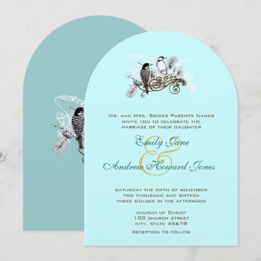 ブルーヴィンテージラブバード結婚式招待状 招待状 (正面/裏面)