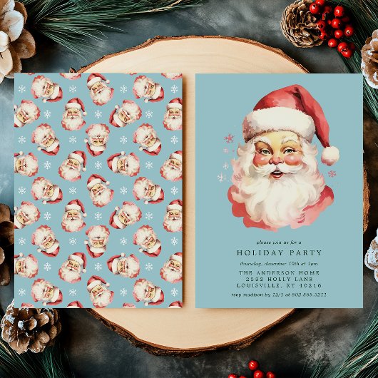 ブルーヴィンテージレトロサンタクロースクリスマスパーティー 招待状