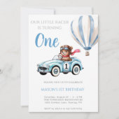 ブルーヴィンテージレーシングベアーレースカー1st誕生日 招待状 (正面)