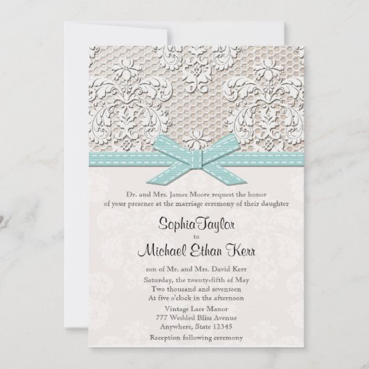 ブルーヴィンテージレースとパールグラマー結婚ズ 招待状 (正面)