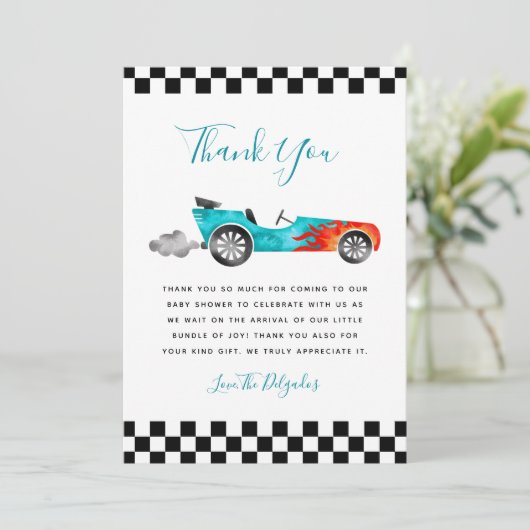 ブルーヴィンテージレースカーベビーシャワーサンキューカード サンキューカード (スタンド正面)