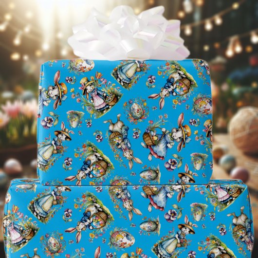 ブルーヴィンテージ水色イースターバニーエッグフローラ ラッピングペーパー