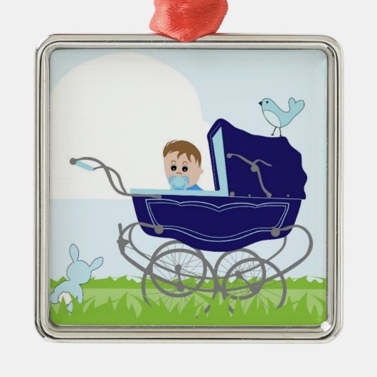 ブルーヴィンテージ男の赤ちゃんベビーカー メタルオーナメント (正面)