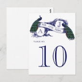 ブルーヴィンテージ結婚ピーコックのテーブル番号カード ポストカード (正面/裏面)