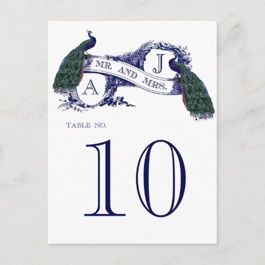 ブルーヴィンテージ結婚ピーコックのテーブル番号カード ポストカード (正面)