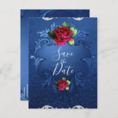 ブルーヴィンテージ装飾赤いバラ日付を保存 案内ポストカード (正面/裏面)