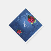 ブルーヴィンテージ装飾赤いバラ結婚ズ スタンダードカクテルナプキン (角)