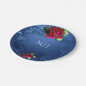 ブルーヴィンテージ装飾赤いバラ結婚ズ ペーパープレート (アングル)