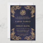 ブルーヴィンテージ金ゴールドコーナーイスラム結婚教徒 招待状 (正面)