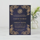 ブルーヴィンテージ金ゴールドコーナーイスラム結婚教徒 招待状 (スタンド正面)