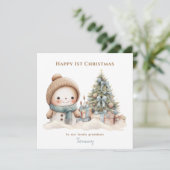 ブルーヴィンテージ雪だるまボーイ初めてのクリスマスカード カード (スタンド正面)