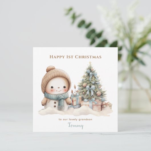 ブルーヴィンテージ雪だるまボーイ初めてのクリスマスカード カード (スタンド正面)