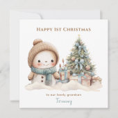 ブルーヴィンテージ雪だるまボーイ初めてのクリスマスカード カード (正面)