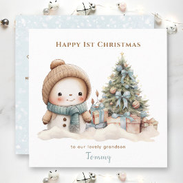 ブルーヴィンテージ雪だるまボーイ初めてのクリスマスカード カード