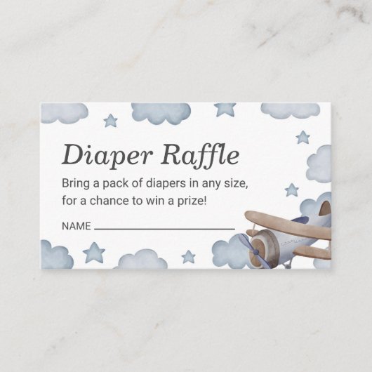 ブルーヴィンテージ飛行機おむつラッフルベビーシャワー エンクロージャーカード (正面)