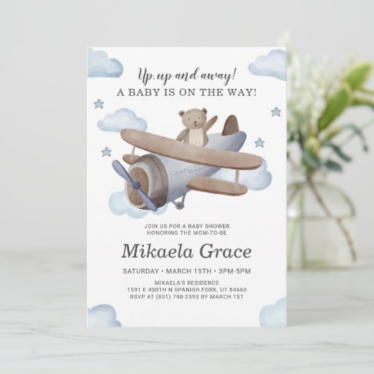 ブルーヴィンテージ飛行機少年の赤ちゃんシャワー 招待状 (スタンド正面)