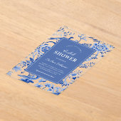 ブルーヴィンテージChinoiserie透明ブライダルシャワー アクリル招待状 (レイダウン)