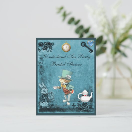 ブルー不機嫌ハッターワンダーランドティーパーティーブライダルシャワー 招待状 (スタンド正面)