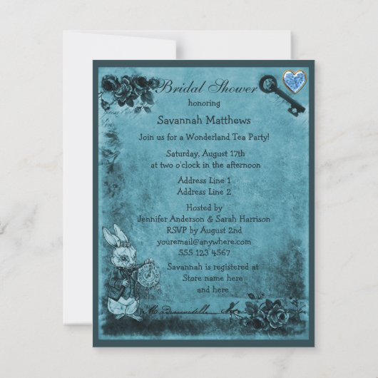 ブルー不機嫌ハッターワンダーランドティーパーティーブライダルシャワー 招待状 (裏面)