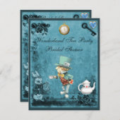 ブルー不機嫌ハッターワンダーランドティーパーティーブライダルシャワー 招待状 (正面/裏面)