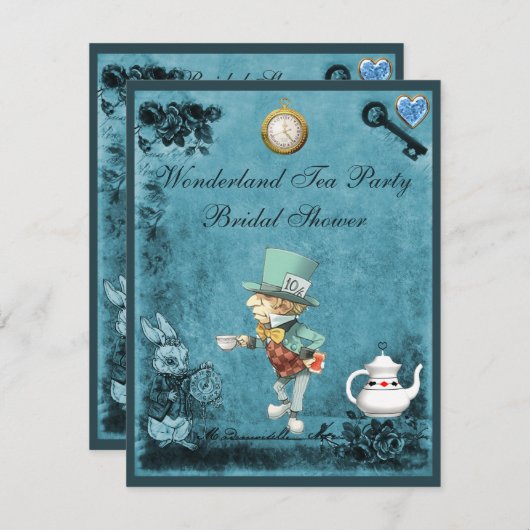 ブルー不機嫌ハッターワンダーランドティーパーティーブライダルシャワー 招待状 (正面/裏面)