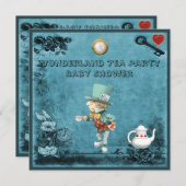 ブルー不機嫌ハッターワンダーランドティーパーティーベビーシャワー 招待状 (正面/裏面)