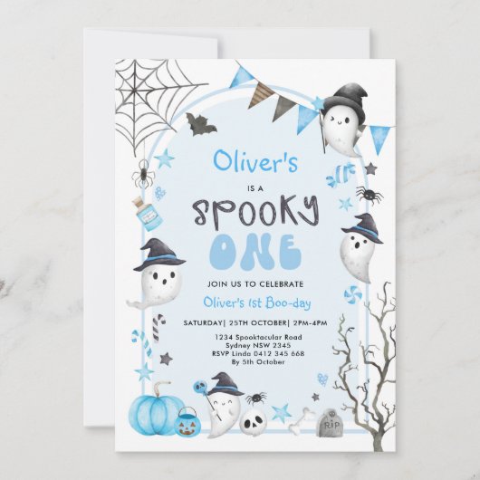ブルー不気味ワンカワイイ幽霊ボーイ1歳誕生日 招待状 (正面)