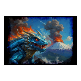 ブルー中国のドラゴンと火山 ポスター