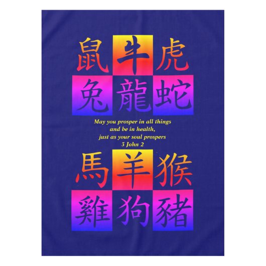 ブルー中国の〔占星術の〕十二宮図 テーブルクロス (正面)