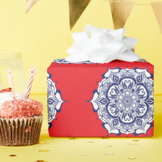 ブルー中国スタイルと生き物 ラッピングペーパー (誕生日パーティー)