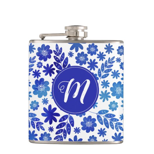 ブルー中国手描き花柄&モノグラム フラスク (正面)