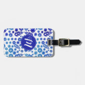 ブルー中国手描き花柄&モノグラム ラゲッジタグ (正面横)