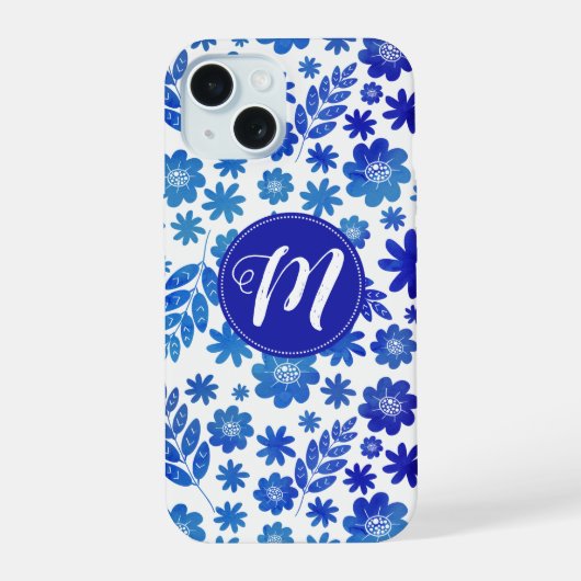 ブルー中国手描き花柄&モノグラム iPhone 15ケース (裏面)