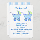 ブルー乳母車キャリッジツインボーイズ赤ちゃんシャワー 招待状 (正面/裏面)
