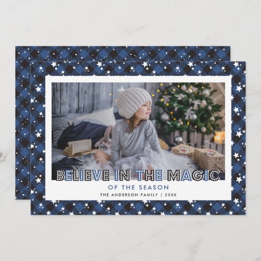 ブルー信じインザ魔法写真クリスマスカード シーズンカード (正面/裏面)