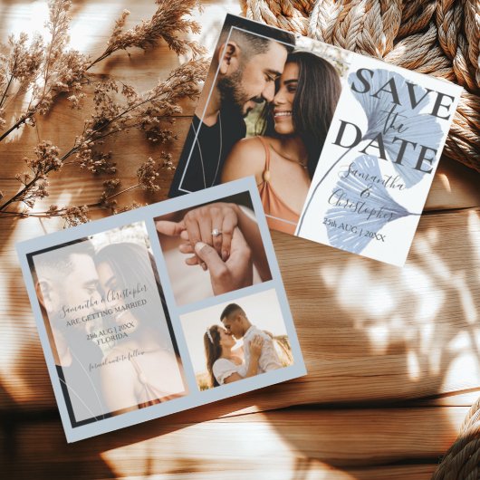 ブルー写真を使った予算に優しい結婚式のSave the Date