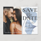 ブルー写真を使った予算に優しい結婚式のSave the Date (正面)