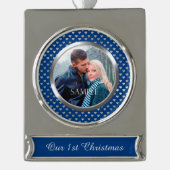 ブルー初めてのクリスマスシルバーハート シルバープレートバナーオーナメント (正面)