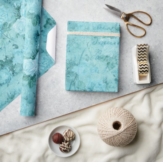 ブルー動揺してバラコラージュ ラッピングペーパー (クラフト)