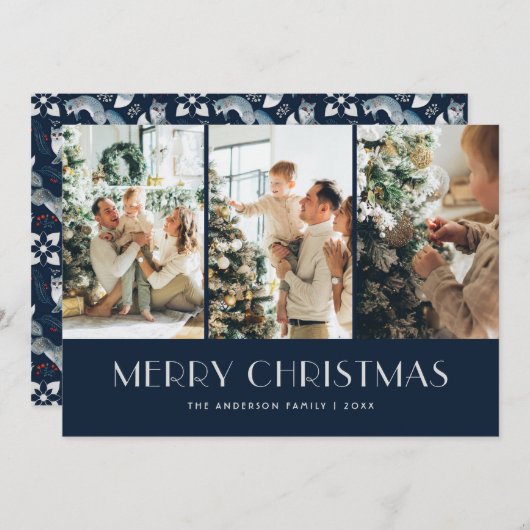 ブルー北欧キツネフォトコラージメリークリスマス シーズンカード (正面/裏面)