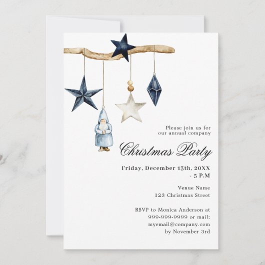 ブルー北欧デコシンプルア会社クリスマスパーティー 招待状 (正面)