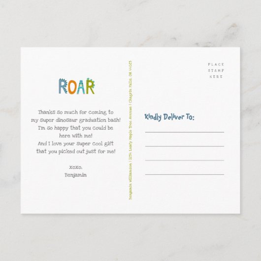 ブルー卒業恐竜の少年かわいいありがとう ポストカード (裏面)