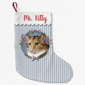 ブルー名前をカスタムする猫写真 スモールクリスマスストッキング (正面)