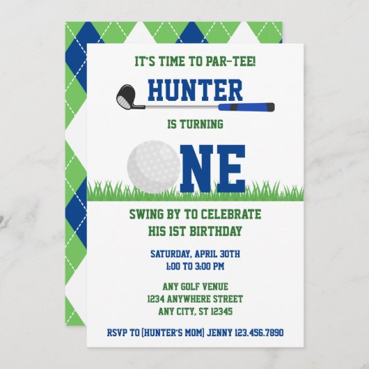 ブルー名門私立校風のとグリーンのゴルフパルティー1歳の誕生日 招待状 (正面/裏面)