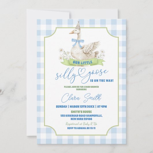ブルー名門私立校風のグースベビー間抜けシャワー招待状 招待状 (正面)